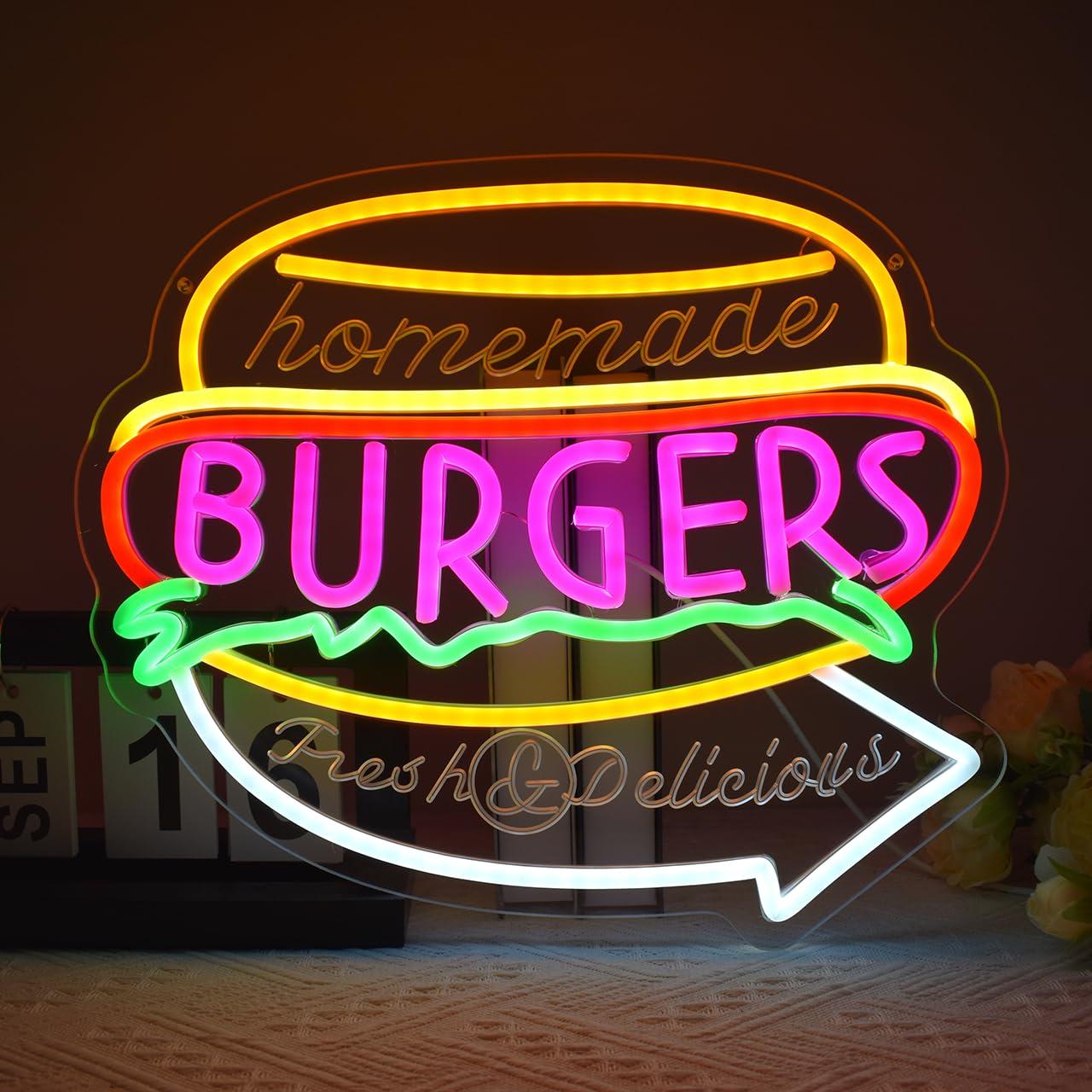 Homemade Food Snacks - Neonowy napis „Homemade Burgers” z regulacją